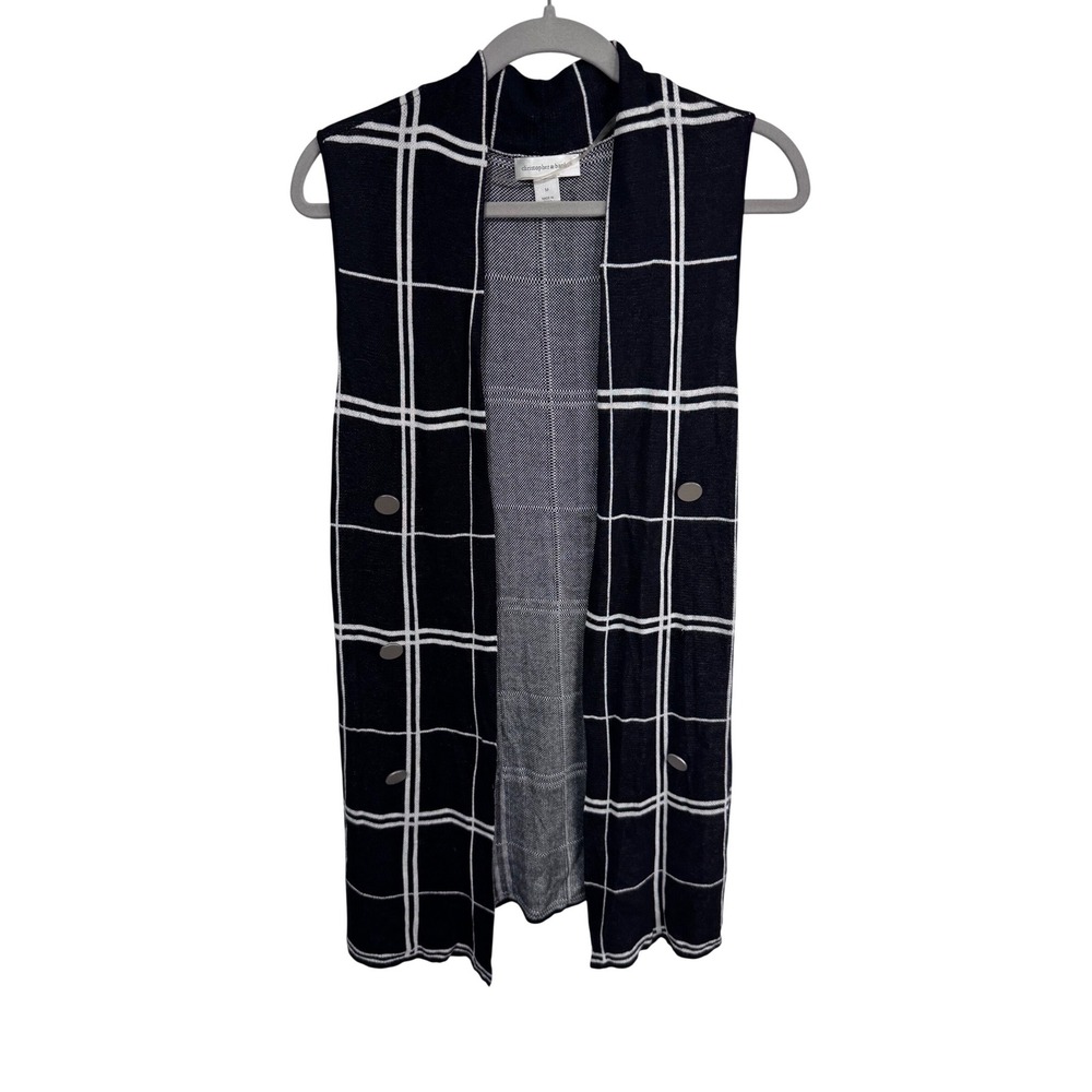 Christopher & Banks Medium Black Vest Women's Plaid Open Front Knit‎